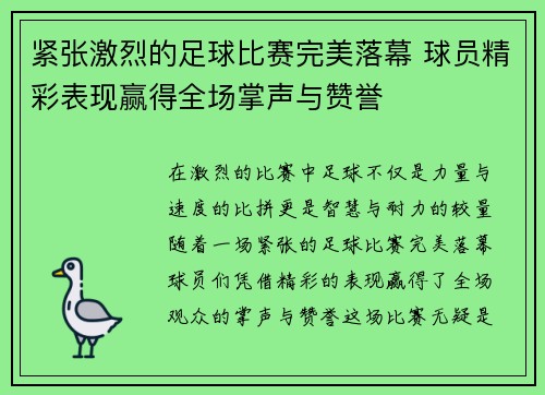 紧张激烈的足球比赛完美落幕 球员精彩表现赢得全场掌声与赞誉